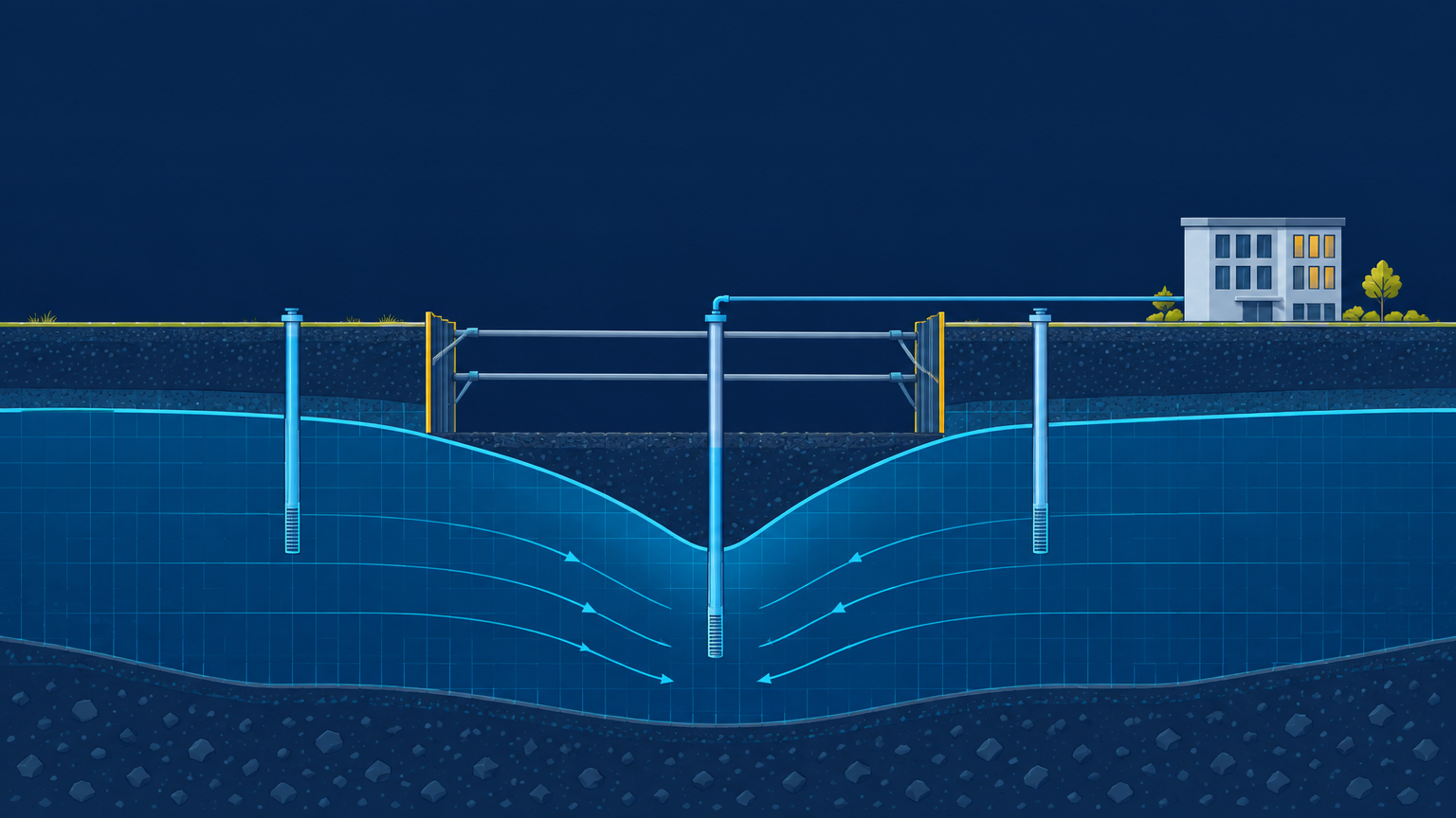Concept card illustrating a connected dewatering assessment workflow, from boreholes and monitoring wells to visualizations and the assessment report